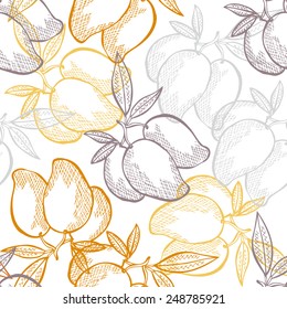 Elegant seamless pattern with hand drawn decorative mango fruits, design elements. Can be used for invitations, greeting cards, scrapbooking, print, gift wrap, manufacturing. Food background