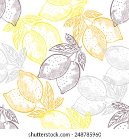 Elegant seamless pattern with hand drawn decorative lemon fruits, design elements. Can be used for invitations, greeting cards, scrapbooking, print, gift wrap, manufacturing. Food background