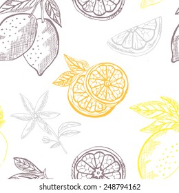 Elegant seamless pattern with hand drawn decorative lemon fruits, design elements. Can be used for invitations, greeting cards, scrapbooking, print, gift wrap, manufacturing. Food background