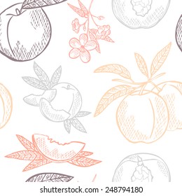 Elegant seamless pattern with hand drawn decorative peach fruits, design elements. Can be used for invitations, greeting cards, scrapbooking, print, gift wrap, manufacturing. Food background