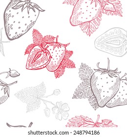 Elegant seamless pattern with hand drawn decorative strawberry fruits, design elements. Can be used for invitations, greeting cards, scrapbooking, print, gift wrap, manufacturing. Food background