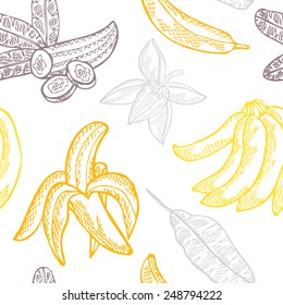Elegant seamless pattern with hand drawn decorative banana fruits, design elements. Can be used for invitations, greeting cards, scrapbooking, print, gift wrap, manufacturing. Food background