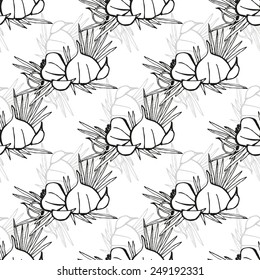 Elegant seamless pattern with hand drawn garlic, design elements. Can be used for invitations, greeting cards, scrapbooking, print, gift wrap, manufacturing. Food background