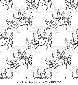 Elegant seamless pattern with hand drawn turnips, design elements. Can be used for invitations, greeting cards, scrapbooking, print, gift wrap, manufacturing. Food background