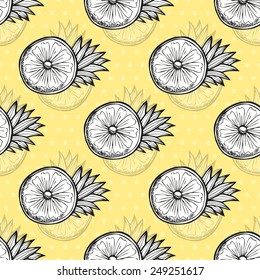 Elegant seamless pattern with hand drawn decorative pineapples, design elements. Can be used for invitations, greeting cards, scrapbooking, print, gift wrap, manufacturing. Food background