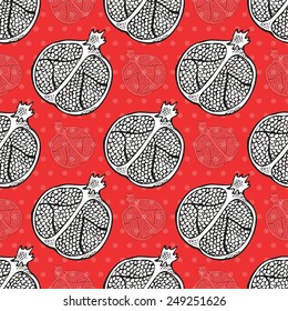 Elegant seamless pattern with hand drawn decorative pomegranates, design elements. Can be used for invitations, greeting cards, scrapbooking, print, gift wrap, manufacturing. Food background