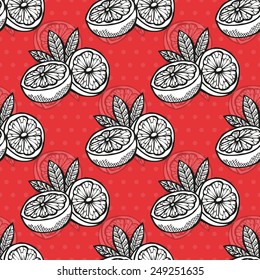 Elegant seamless pattern with hand drawn decorative grapefruits, design elements. Can be used for invitations, greeting cards, scrapbooking, print, gift wrap, manufacturing. Food background