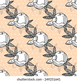 Elegant seamless pattern with hand drawn decorative peach fruits, design elements. Can be used for invitations, greeting cards, scrapbooking, print, gift wrap, manufacturing. Food background
