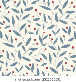 Elegant seamless pattern of hand drawn continual branches with gray leaves and red berries on beige