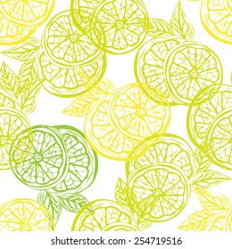Elegant seamless pattern with hand drawn decorative lemon fruits, design elements. Can be used for invitations, greeting cards, scrapbooking, print, gift wrap, manufacturing. Food background