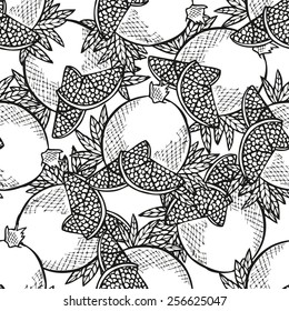 Elegant seamless pattern with hand drawn decorative pomegranates, design elements. Can be used for invitations, greeting cards, scrapbooking, print, gift wrap, manufacturing. Food background