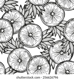 Elegant seamless pattern with hand drawn decorative pineapples, design elements. Can be used for invitations, greeting cards, scrapbooking, print, gift wrap, manufacturing. Food background