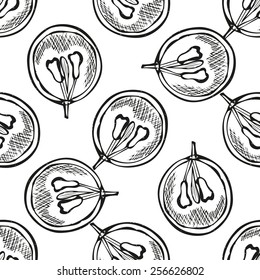 Elegant seamless pattern with hand drawn decorative sliced grapes, design elements. Can be used for invitations, greeting cards, scrapbooking, print, gift wrap, manufacturing. Food background