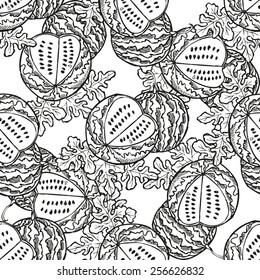 Elegant seamless pattern with hand drawn decorative watermelons, design elements. Can be used for invitations, greeting cards, scrapbooking, print, gift wrap, manufacturing. Food background