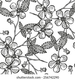 Elegant seamless pattern with hand drawn decorative raspberry flowers, design elements. Can be used for invitations, greeting cards, scrapbooking, print, gift wrap, manufacturing. Food background