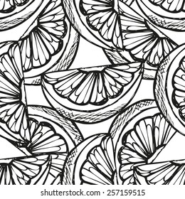 Elegant seamless pattern with hand drawn decorative sliced grapefruits, design elements. Can be used for invitations, greeting cards, scrapbooking, print, gift wrap, manufacturing. Food background