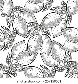 Elegant seamless pattern with hand drawn decorative lemon fruits, design elements. Can be used for invitations, greeting cards, scrapbooking, print, gift wrap, manufacturing. Food background