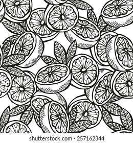 Elegant seamless pattern with hand drawn decorative sliced grapefruits, design elements. Can be used for invitations, greeting cards, scrapbooking, print, gift wrap, manufacturing. Food background