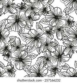Elegant seamless pattern with hand drawn decorative hibiscus flowers, design elements. Floral pattern for wedding invitations, greeting cards, scrapbooking, print, gift wrap, manufacturing.