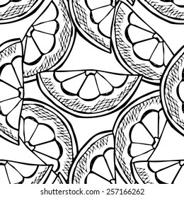 Elegant seamless pattern with hand drawn decorative sliced pomelo fruits, design elements. Can be used for invitations, greeting cards, scrapbooking, print, gift wrap, manufacturing. Food background