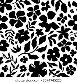 Elegant seamless pattern with hand drawn black floral silhouettes on a white background. Modern botanical design with flowers and leaves for textiles, wallpaper, packaging, and creative projects