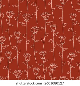 Elegant seamless pattern with hand drawn linear roses. Vector outline background in vintage sketch style