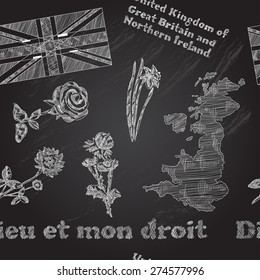 Elegant seamless pattern with hand drawn floral symbols of United Kingdom of Great Britain and Northern Ireland, map, flag and slogan. Design element. Chalkboard background