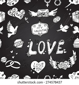 Elegant seamless pattern with hand drawn decorative love symbols, design elements. Can be used for valentines day, wedding invitations, greeting cards, scrapbooking, print, gift wrap, manufacturing
