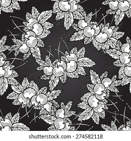 Elegant seamless pattern with hand drawn decorative cherries, design elements. Can be used for invitations, greeting cards, scrapbooking, print, gift wrap, manufacturing. Chalkboard food background