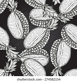 Elegant seamless pattern with hand drawn decorative pineapples, design elements. Can be used for invitations, greeting cards, scrapbooking, print, gift wrap, manufacturing. Chalkboard food background