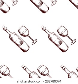 Elegant seamless pattern with hand drawn wine, design elements. Can be used for invitations, greeting cards, scrapbooking, print, gift wrap, manufacturing. Food background