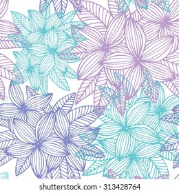 Elegant seamless pattern with hand drawn decorative plumeria flowers, design elements. Floral pattern for wedding invitations, greeting cards, scrapbooking, print, gift wrap, manufacturing.