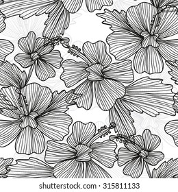 Elegant seamless pattern with hand drawn decorative hibiscus flowers, design elements. Floral pattern for wedding invitations, greeting cards, scrapbooking, print, gift wrap, manufacturing.