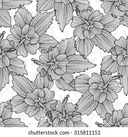 Elegant seamless pattern with hand drawn decorative hibiscus flowers, design elements. Floral pattern for wedding invitations, greeting cards, scrapbooking, print, gift wrap, manufacturing.