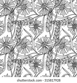 Elegant seamless pattern with hand drawn decorative wheat and cornflowers, design elements. Floral pattern for wedding invitations, greeting cards, scrapbooking, print, gift wrap, manufacturing.