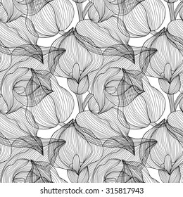 Elegant seamless pattern with hand drawn decorative calla flowers, design elements. Floral pattern for wedding invitations, greeting cards, scrapbooking, print, gift wrap, manufacturing.