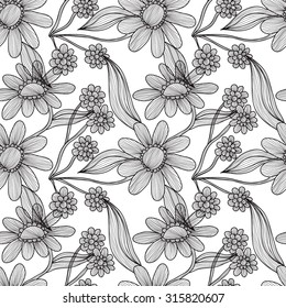 Elegant seamless pattern with hand drawn decorative chamomile flowers, design elements. Floral pattern for wedding invitations, greeting cards, scrapbooking, print, gift wrap, manufacturing.