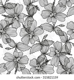 Elegant seamless pattern with hand drawn decorative hibiscus flowers, design elements. Floral pattern for wedding invitations, greeting cards, scrapbooking, print, gift wrap, manufacturing.