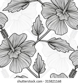 Elegant seamless pattern with hand drawn decorative hibiscus flowers, design elements. Floral pattern for wedding invitations, greeting cards, scrapbooking, print, gift wrap, manufacturing.