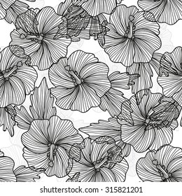 Elegant seamless pattern with hand drawn decorative hibiscus flowers, design elements. Floral pattern for wedding invitations, greeting cards, scrapbooking, print, gift wrap, manufacturing.
