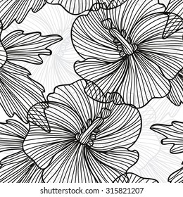 Elegant seamless pattern with hand drawn decorative hibiscus flowers, design elements. Floral pattern for wedding invitations, greeting cards, scrapbooking, print, gift wrap, manufacturing.
