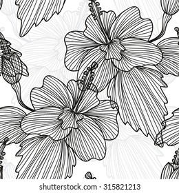 Elegant seamless pattern with hand drawn decorative hibiscus flowers, design elements. Floral pattern for wedding invitations, greeting cards, scrapbooking, print, gift wrap, manufacturing.