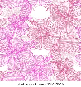 Elegant seamless pattern with hand drawn decorative hibiscus flowers, design elements. Floral pattern for wedding invitations, greeting cards, scrapbooking, print, gift wrap, manufacturing.