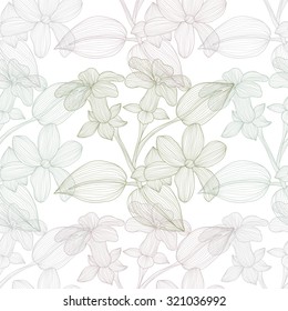 Elegant seamless pattern with hand drawn decorative stephanotis flowers, design elements. Floral pattern for wedding invitations, greeting cards, scrapbooking, print, gift wrap, manufacturing.