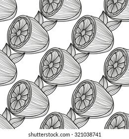 Elegant seamless pattern with hand drawn decorative lemon fruits, design elements. Can be used for invitations, greeting cards, scrapbooking, print, gift wrap, manufacturing. Food background