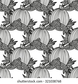 Elegant seamless pattern with hand drawn decorative pomegranates, design elements. Can be used for invitations, greeting cards, scrapbooking, print, gift wrap, manufacturing. Food background