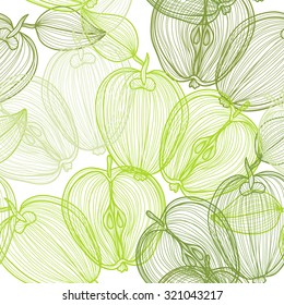 Elegant seamless pattern with hand drawn decorative apple fruits, design elements. Can be used for invitations, greeting cards, scrapbooking, print, gift wrap, manufacturing. Food background