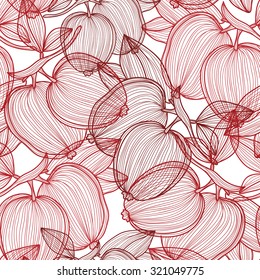Elegant seamless pattern with hand drawn decorative apple fruits, design elements. Can be used for invitations, greeting cards, scrapbooking, print, gift wrap, manufacturing. Food background