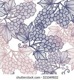 Elegant seamless pattern with hand drawn decorative grapes, design elements. Can be used for invitations, greeting cards, scrapbooking, print, gift wrap, manufacturing. Food background
