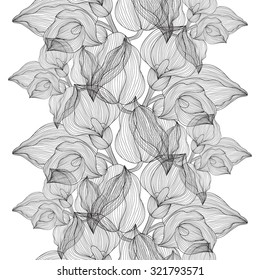 Elegant seamless pattern with hand drawn decorative calla flowers, design elements. Floral pattern for wedding invitations, greeting cards, scrapbooking, print, gift wrap, manufacturing.